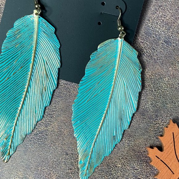 Goldtone Patina Leaf Drop Earrings - Picture 5 of 9